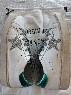 Golden Goose White Sneakers with Silver Glitter Star & Teal Heel Tab